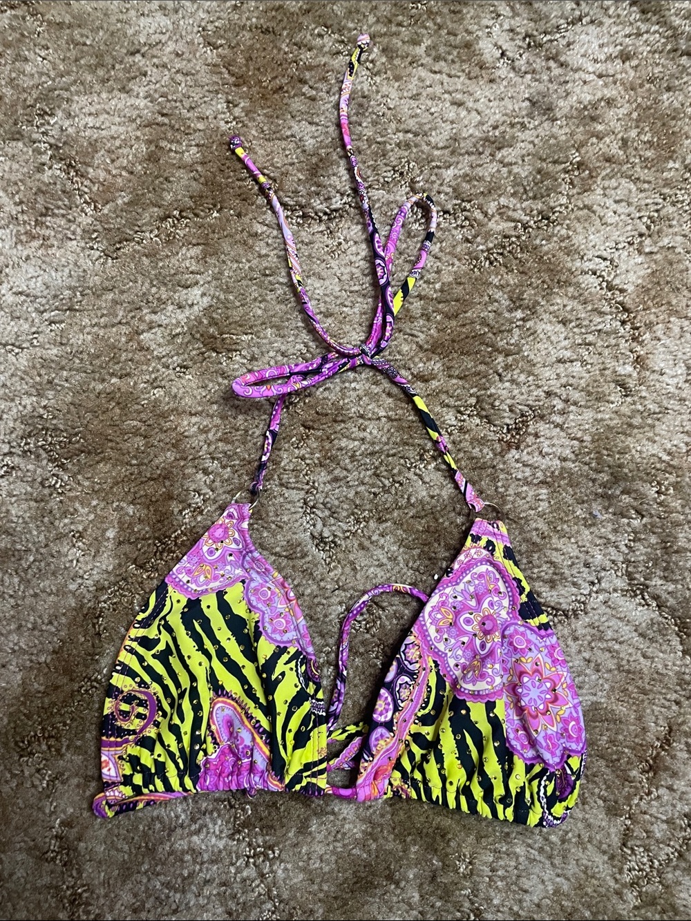 Luli Fama Miami Y2K Multi Color Triangle Halter Bikini Top‎ Size Medium